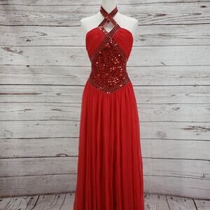 Mike Bennet Women's Red Sequin Chiffon Formal Evening Prom Dress Size 6